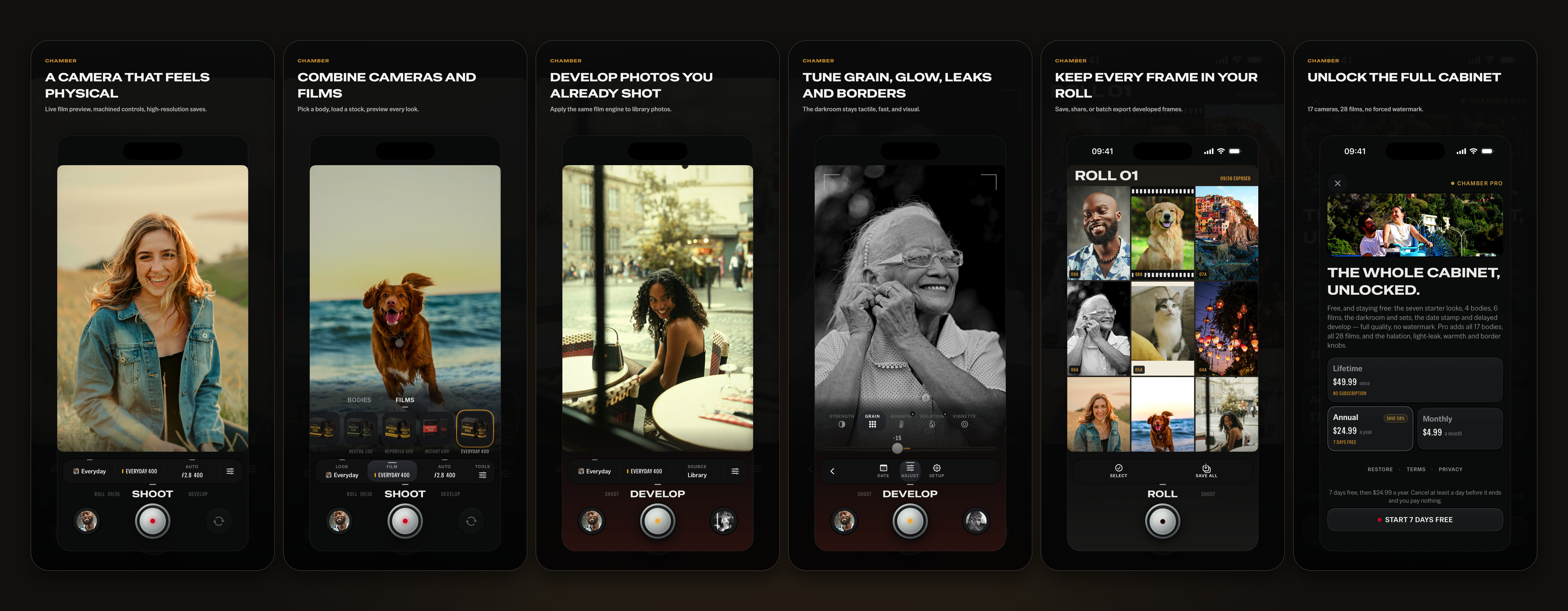 Chamber 2.0 on iPhone, in six screens: a camera that feels physical, combining cameras and films, developing photos you already shot, tuning grain, glow, leaks and borders, keeping every frame on the roll, and Chamber Pro.