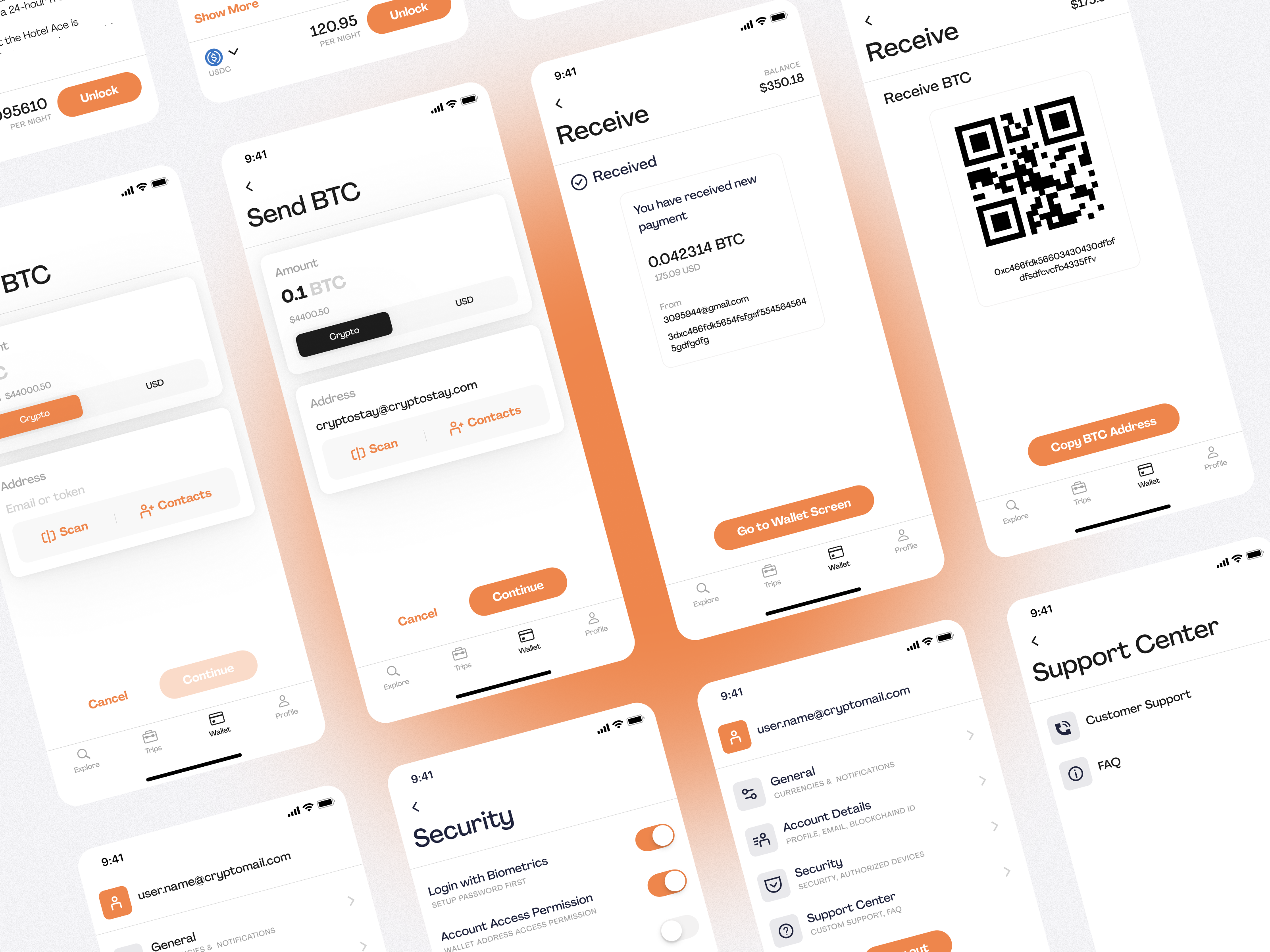 CryptoStay send, receive and settings screens