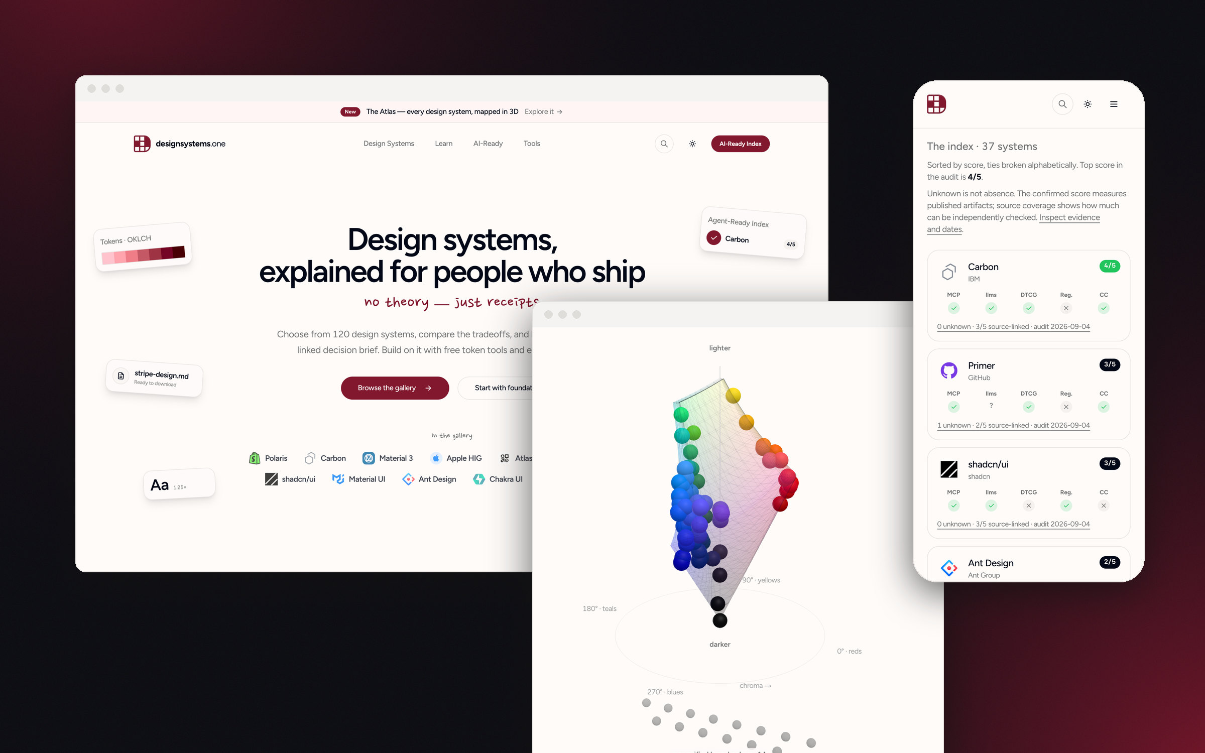 DesignSystems.one: the home page, the 3D Atlas of design system colours, and the Agent-Ready Index on a phone