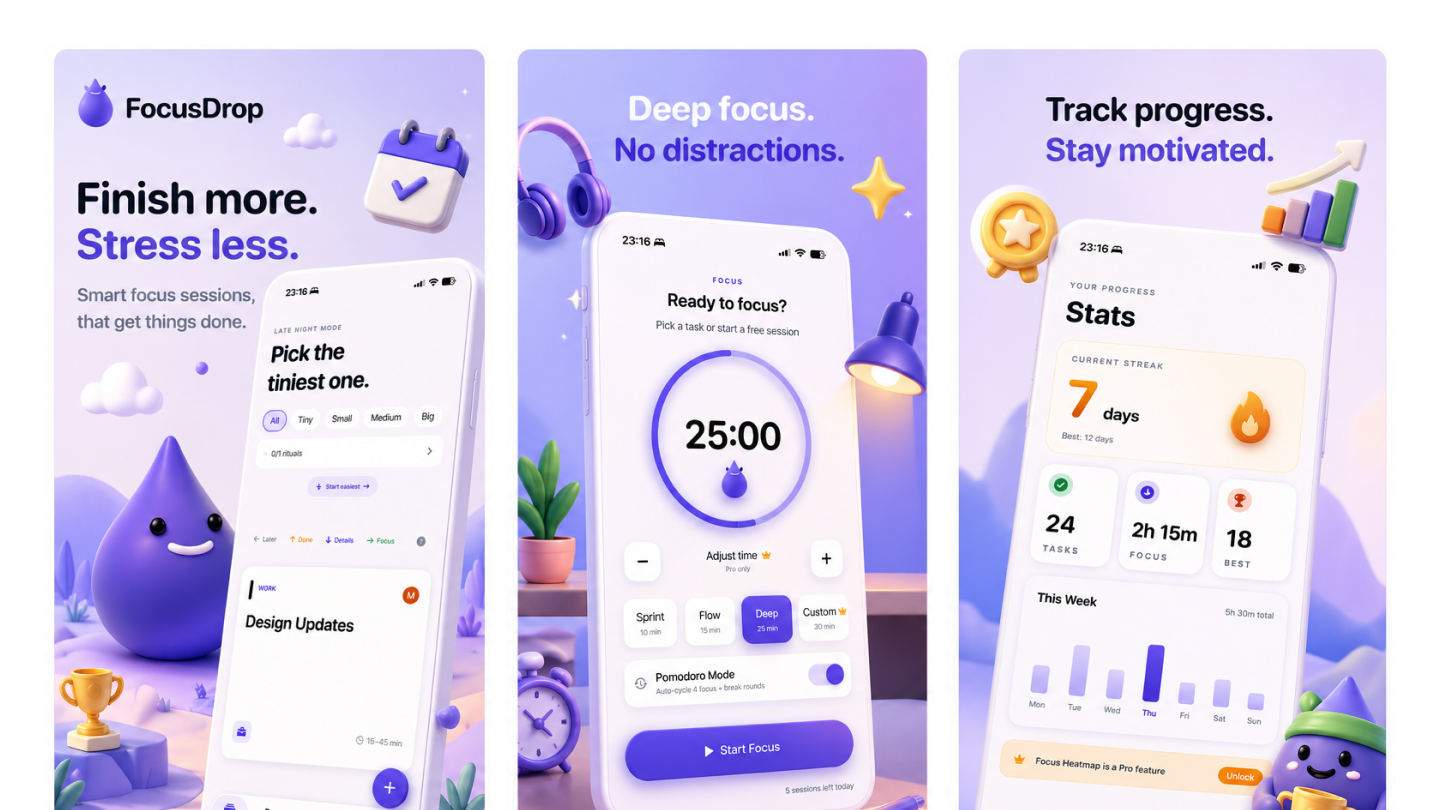 FocusDrop — Finish more. Stress less. Deep focus, no distractions. Track progress, stay motivated.