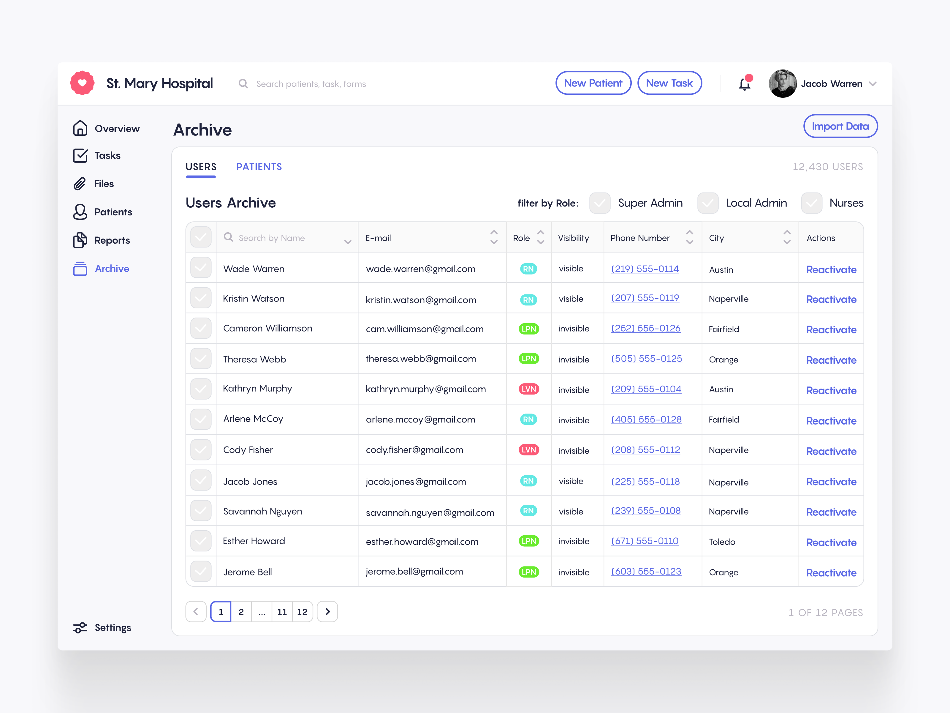 Medical CRM staff archive with role filters