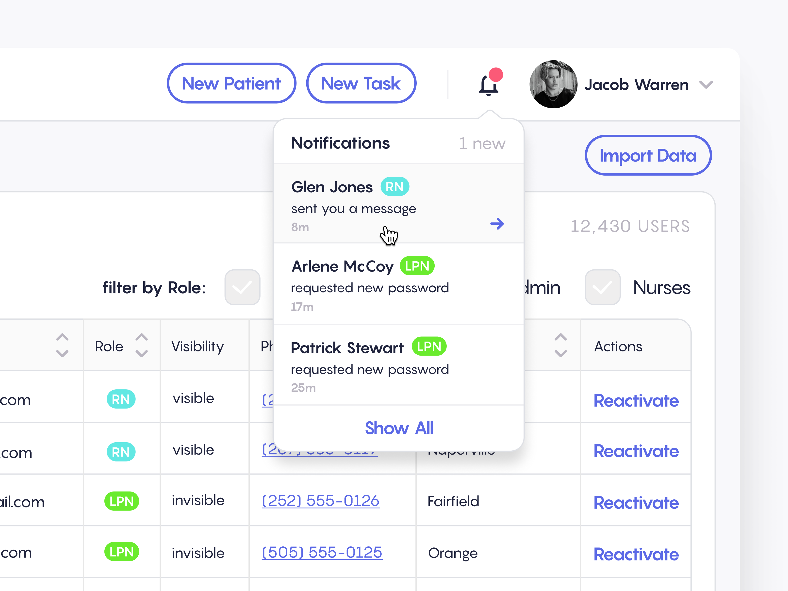 Medical CRM notification panel