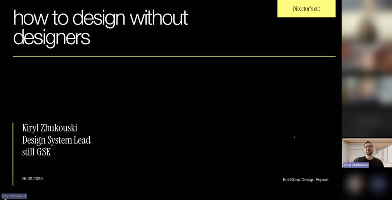 The title slide of the director’s cut of How to design without designers, presented on a video call